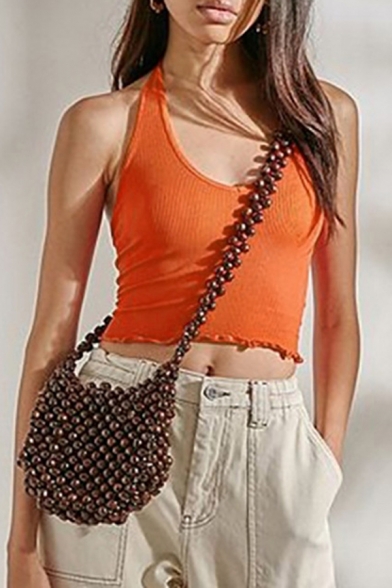 Edgy Girls' Orange Sleeveless Scoop Neck Halter Knit Slim Fit Crop Tank Top
