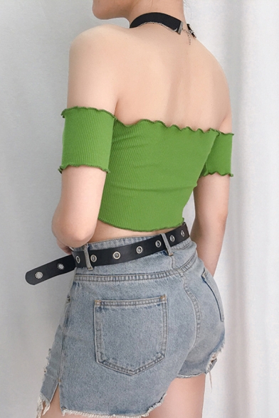Edgy Girls' Short Sleeve Off The Shoulder Stringy Selvedge Knit Green Fitted Crop Top for Club