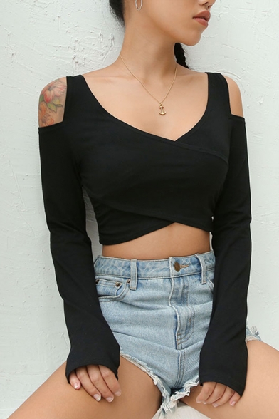 Edgy Looks Long Sleeve V-Neck Cold Shoulder Asymmetric Black Cotton Crop Tee for Women