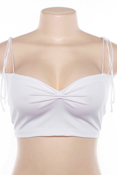 Edgy Looks Sleeveless Sweetheart Neck Bow-Tie Strap Ruched Plain Slim Crop Bustier for Women