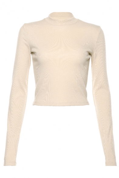 Elegant Apricot Girls' Long Sleeve Mock Neck Fitted Knit Crop T Shirt