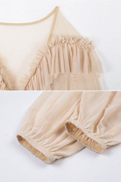 Elegant Female Blouson Sleeve Deep V-Neck Frilled Semi-Sheer Mesh Plain Fitted Bodysuit
