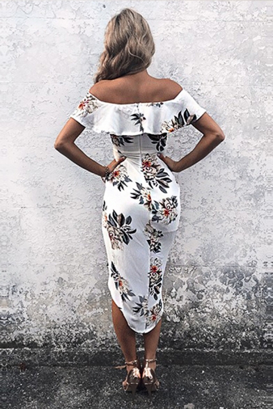 Elegant Ladies' Short Sleeve Off The Shoulder Ruffled Trim Floral Pattern Slit Front Asymmetric Midi Bodycon Dress