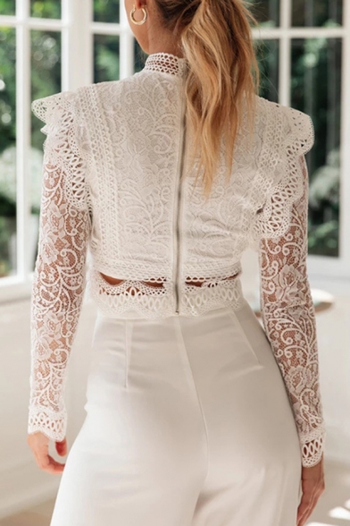Elegant Long Sleeve Mock Neck Floral Embroidered Scalloped Sheer Lace Zip Back Slim Fit White Crop Top for Girls