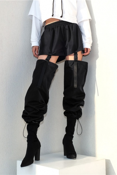 Fashion Black Elastic Waist Buckle Detail Hollow Out Cuffed Ankle Oversize Trousers for Cool Girls