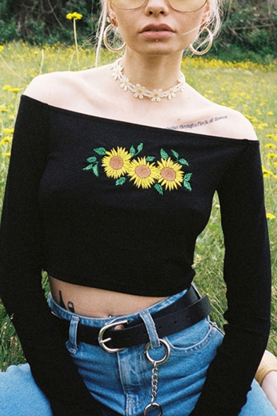 Fashion Black Long Sleeve Off The Shoulder Sunflower Printed Fitted Crop Tee for Girls
