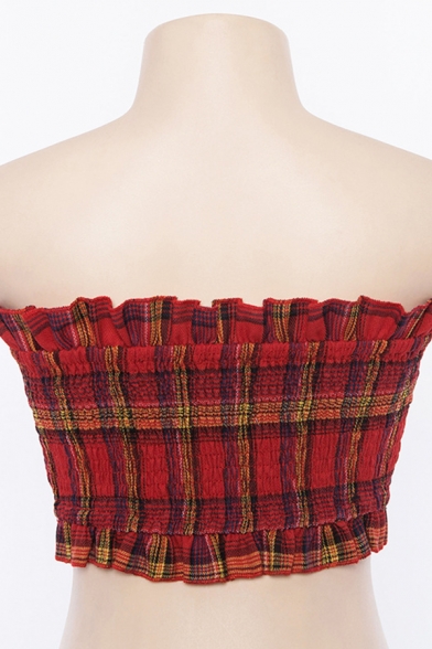 Fashion Women's Sleeveless Strapless Lace-Up Plaid Pleated Cute Crop Tube Top