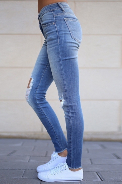 Female Basic Cool Mid Rise Bleach Distressed Frayed Cuffs Skinny Long Jeans in Azure