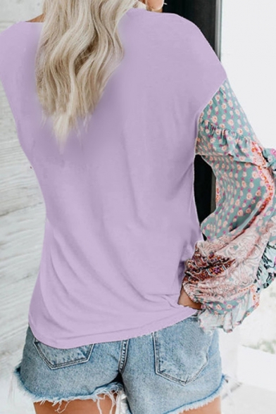 Female Floral Printed Stringy Selvedge Trimmed Long Sleeve Round Neck Leisure T-Shirt