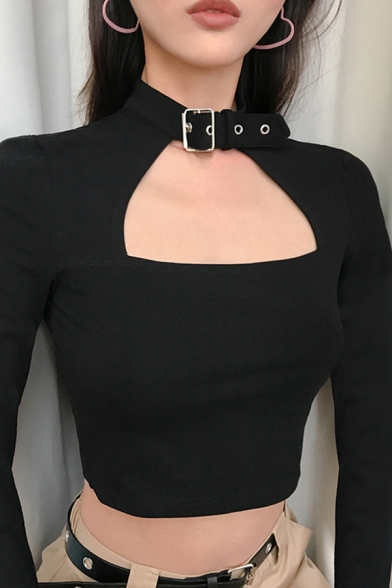 Girls' Cool Black Long Sleeve Eyelets Buckle Halter Cut Out Cotton Slim Fit Crop T-Shirt