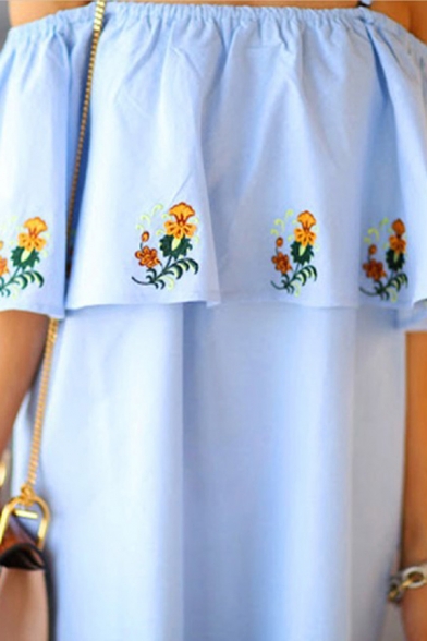 Girls‘ Cute Short Sleeve Off The Shoulder Floral Print Ruffled Trim Mini Swing Dress in Blue