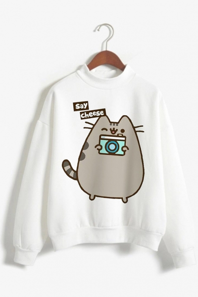 Girls Lovely Fat Cat Printed Long Sleeves Mock Neck Loose White Sweatshirt