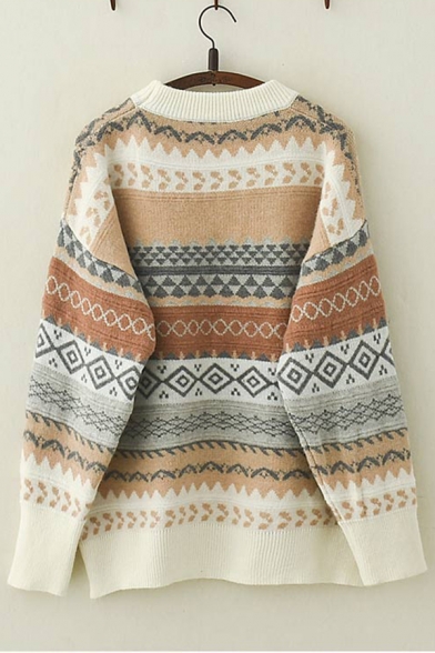 Girls Vintage Geometric Pattern Long Sleeve Oversized Pullover Sweater