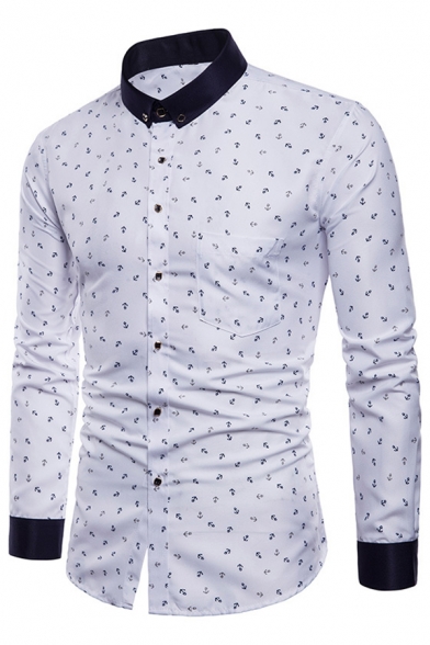 Guys Anchor Print Contrast Collar Long Sleeve Curved Hem Slim Leisure Shirt