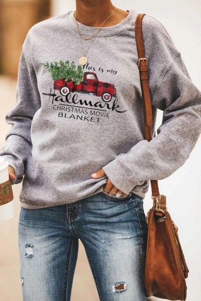 

HALLMARK Letter Red Car Printed Long Sleeve Round Neck Gray Casual Christmas Graphic Sweatshirt, LM569943