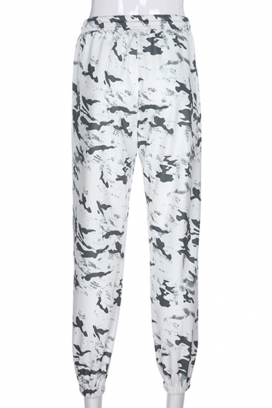 Hip Hop Girls' Drawstring Waist Camo Printed Cuffed Oversize Long Carrot Sweatpants in Grey