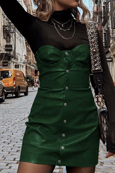 Hot Club Girls' Sleeveless Strapless Button Down Leather Plain Mini Bodycon Corset Dress