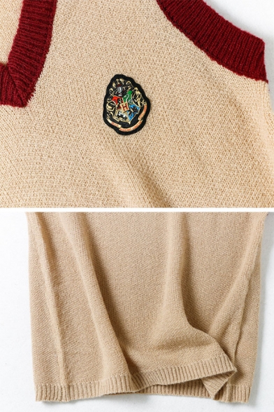 Hot Popular Badge Printed Lapel V-Neck Contrast Trim Sleeveless Knit Vest Waistcoat
