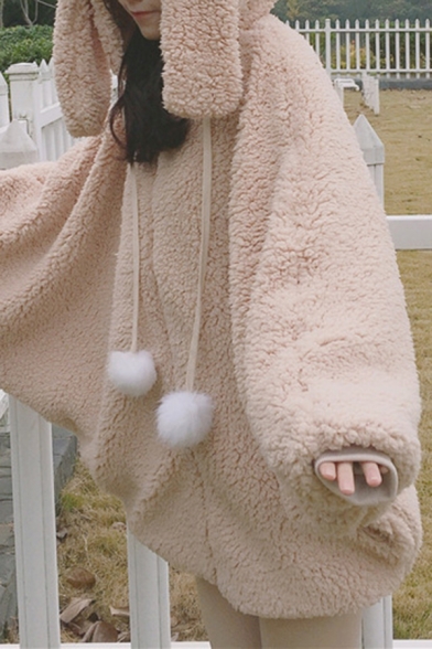 Khaki Cute Rabbit Ear Long Sleeve Zip Up Oversized Fluffy Pompom Drawstring Hoodie