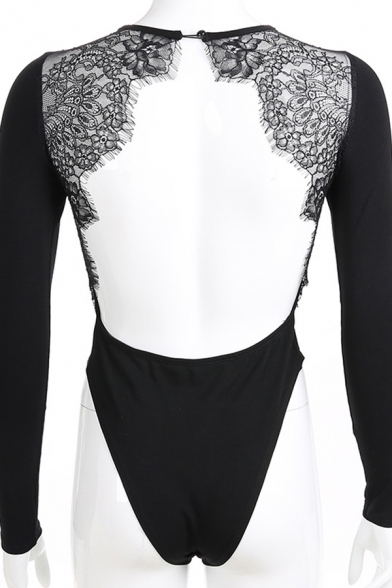 Ladies' Black Long Sleeve Crew Neck Floral Patterned Lace Open Back Cotton Fitted Bodysuit
