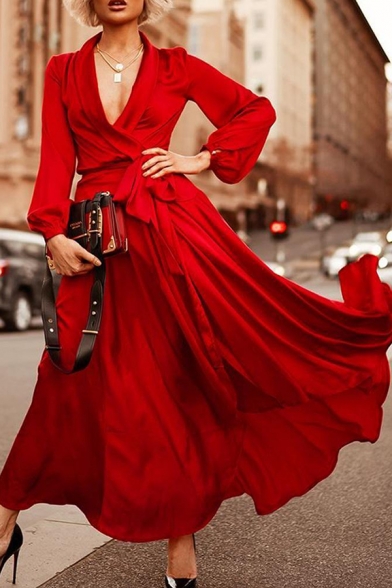 satin long sleeve maxi wrap dress