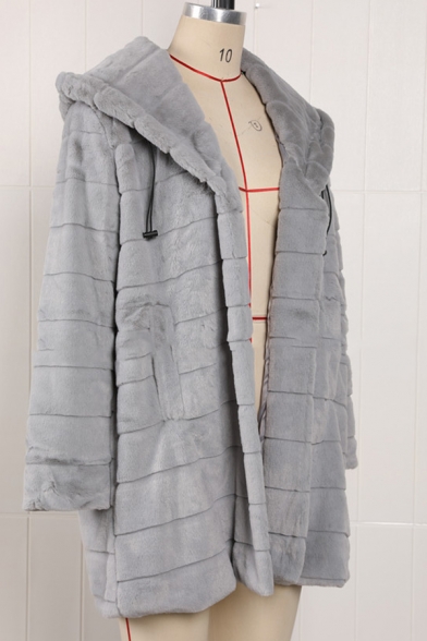Ladies Warm Long Sleeve Open Front Plain Longline Faux Fur Coat with Hood