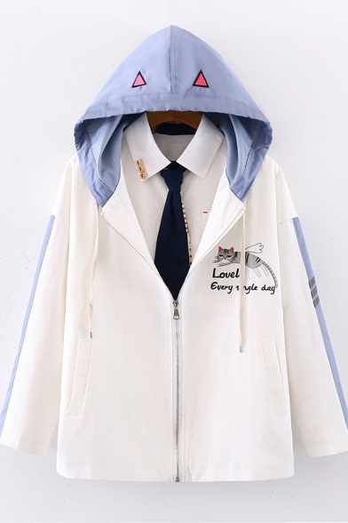 Lovely Embroidery Cat Letter Printed Colorblock Long Sleeve Zip Up White Hooded Jacket