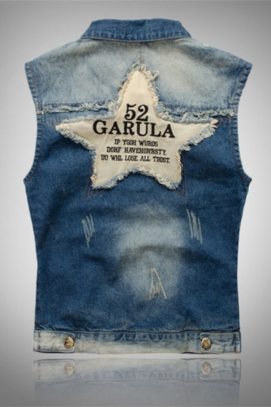 Mens Casual 52 GARULA Letter Embroidery Star Printed Raw Edges Ripped Detail Button Down Sleeveless Denim Vest