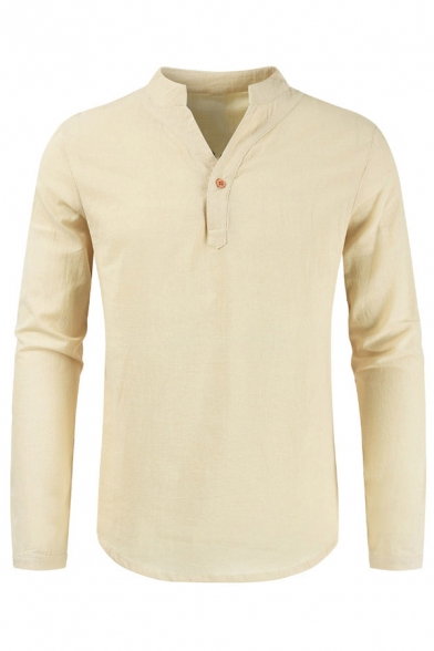 Mens Casual Plain Apricot Long Sleeve Single Button V-neck Linen Henley Shirt