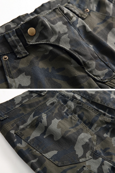 Mens Classic Camouflage Pattern Zip Placket Flap Pocket Slim Fit Military Jeans