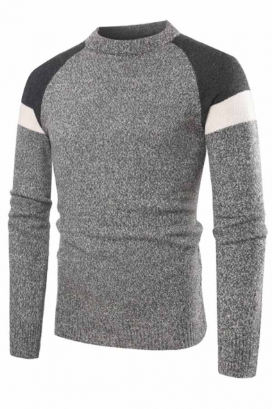 Mens Classic Crew Neck Colorblock Long Sleeve Slim Fit Gray Pullover Knitted Sweater