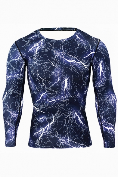 Mens Cool Lightning Camo Geometric Pattern Long Sleeve Slim Fit Quick Drying Fitness T-Shirt