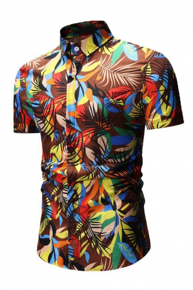 Mens Creative Colorful Geometric Leaf Pattern Short Sleeve Button Up Hawaii Shirt