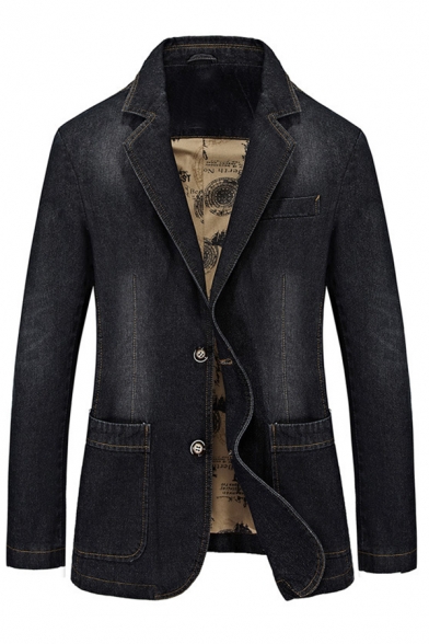 Mens Leisure Solid Color Long Sleeve Double Button Slim Fit Denim Blazer Jacket with Pocket