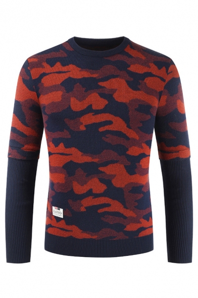 Mens New Stylish Red Camouflage Printed Long Sleeve Slim Knitted Pullover Sweater