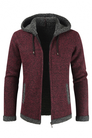 Mens Popular Color Block Drawstring Hood Long Sleeve Zip Up Burgundy Sweater Jacket Coat