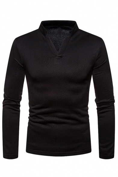 Mens Simple Mandarin Collared V-Neck Long Sleeves Plain Fitted Thick Henley Shirt