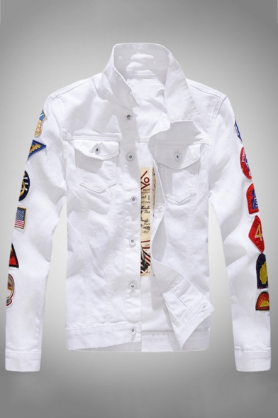 Mens Stylish Embroidered Letter Flag Logo Printed Long Sleeve Lapel Button Down Casual Slim Fitted Denim Jacket