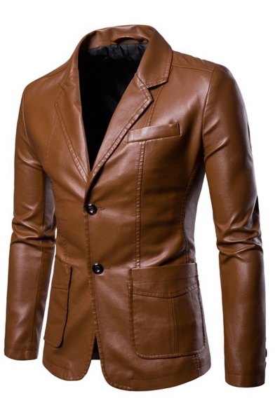 Mens Stylish Plain Notched Lapel Long Sleeve Double Button Faux Leather Fitted Blazer Jacket