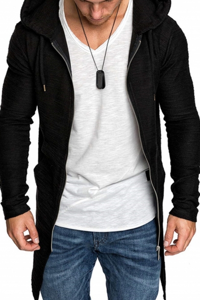 Mens Unique Plain Long Sleeve Zip Up Swallow-Tail Slim Fit Tunic Hoodie