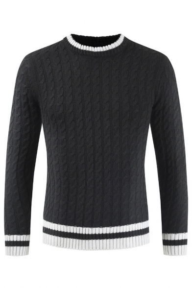Mens Winter Popular Contrast Trim Long Sleeve Cable Knit Pullover Sweater