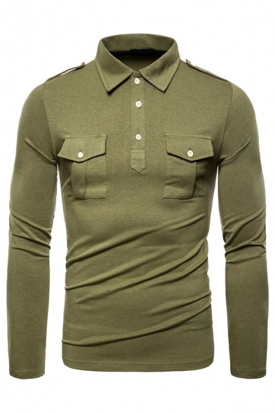 Military Style Epaulets Long Sleeve Button Front Chest Pocket Slim Fit Plain Polo Shirt
