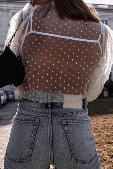 New Fashion Plain Polka Dot Printed Lantern Half Sleeve Lapel Button Down Sheer Tulle Shirt