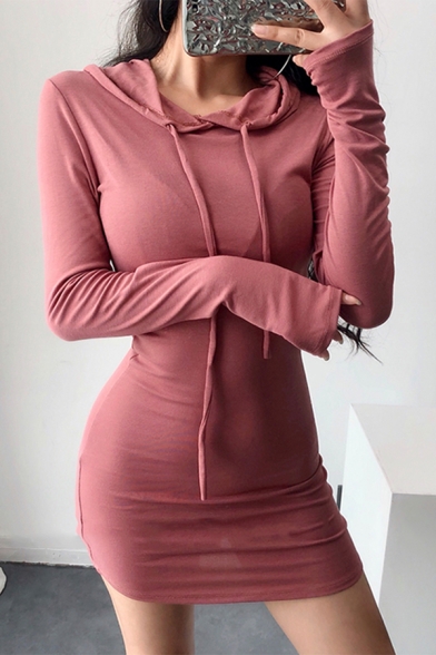 New Street Style Plain Long Sleeve Mini Fitted Hoodie Dress with Drawstring Hood
