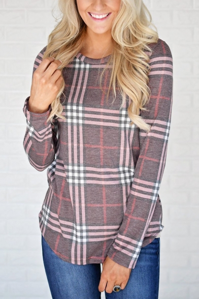 New Stylish Burgundy Plaid Printed Long Sleeve Round Neck Casual T-Shirt Top