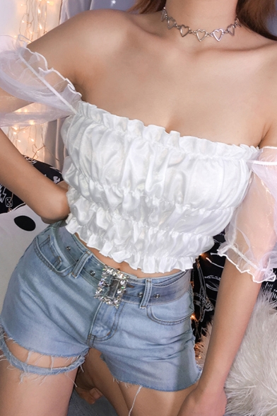 Plain Cute Puff Sleeve Square Neck Pleated Mesh Slim Fit Crop Blouse Top for Women