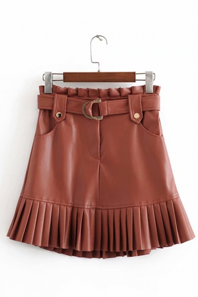 Pretty Ladies' High Waist Belted Leather Pleated Trim Mini A-Line Skirt in Brown