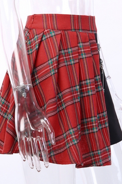 Punk Girls' High Waisted Zip Side Buckle Pin Detail Red Plaid Patchwork Asymmetric Pleated Short Skirt