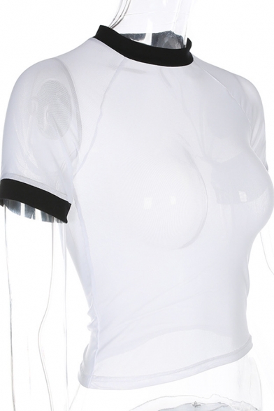 Sexy Girls' Short Sleeve Crew Neck Contrast Pipe See-Through White Mesh Tight T-Shirt