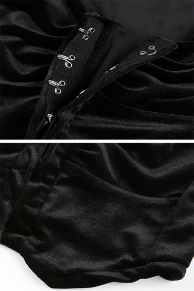 Sexy Women's Puff Sleeve Sweetheart Neck Hook and Eye Asymmetric Velvet Black Crop Corset